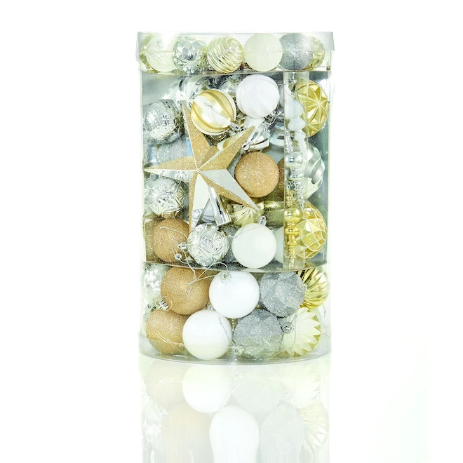 Ensemble De Boules De Noël Holiday Living En Plastique, Blanc/or/argent, Paquet De 110 2 Ensemble De Boules De Noël Holiday Living En Plastique, Blanc/or/argent, Paquet De 110 – Image 2