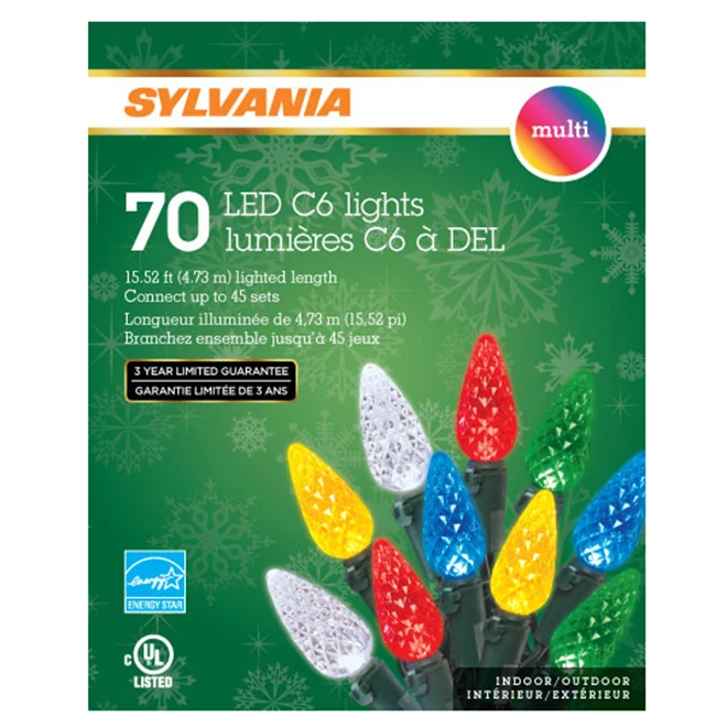 Sylvania Jeu De 70 Lumières, Intérieur/extérieur, DEL C6, Multicolore 2 Sylvania Jeu De 70 Lumières, Intérieur/extérieur, DEL C6, Multicolore – Image 2