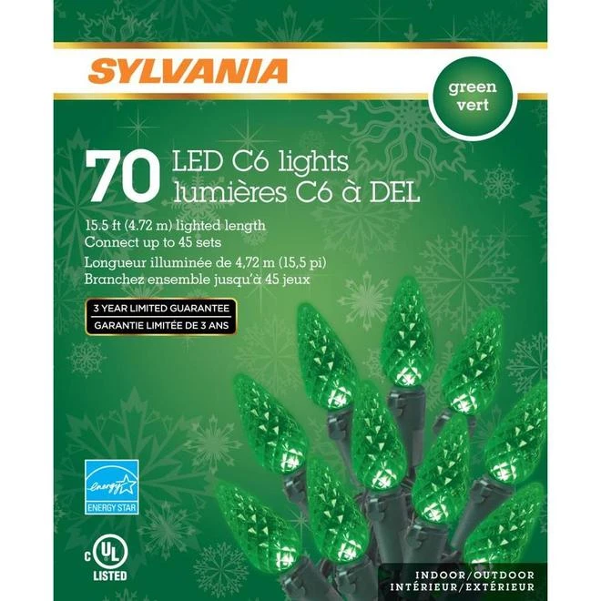 Sylvania Jeu De 70 Lumières, Intérieur/extérieur, DEL C6, Vert 2 Sylvania Jeu De 70 Lumières, Intérieur/extérieur, DEL C6, Vert – Image 2