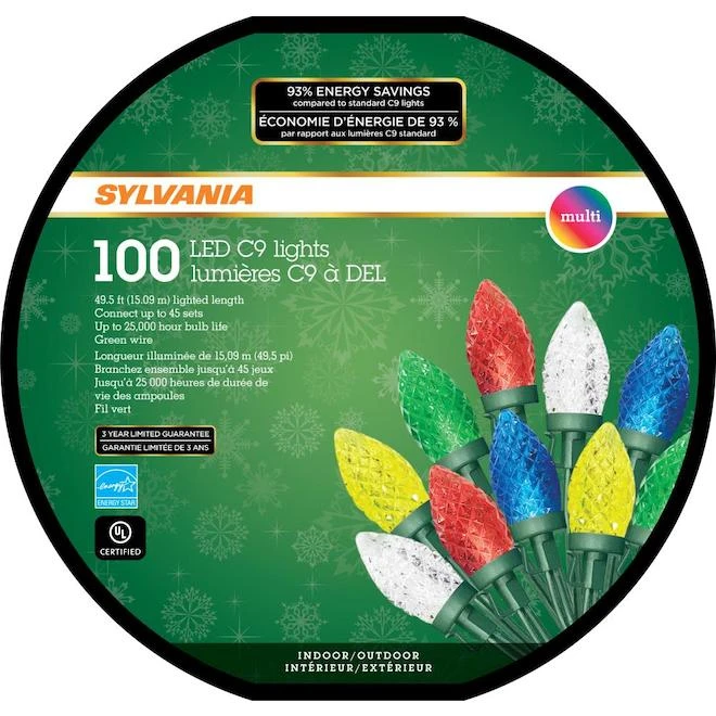 Jeu De Lumières Sylvania, 100 Lumières C9 DEL, Multicolore 2 Jeu De Lumières Sylvania, 100 Lumières C9 DEL, Multicolore – Image 2