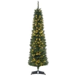 Sapin De Noël Artificiel De HomCom De 6 pi Sur Pieds Mince Avec 200 Lumières Multicolores, Vert