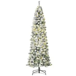Sapin De Noël Artificiel Floqué Vert Mince Sur Pied Par HomCom De 7,5 pi Avec 350 Lumières à DEL Blanc Chaud