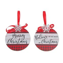 Ornements IH Casa Decor Rouge En Bois Plat Avec Flocon De Neige En Métal, Ensemble De 2