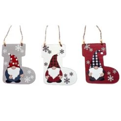Ornements Assortis IH Casa Decor En Forme De Bas De Noël En Bois Plat Avec Gnome, Ensemble De 12