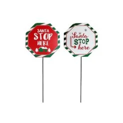 Piquets Octogonaux Assortis IH Casa Decor « Santa Stop Here » En Métal, Ensemble De 2