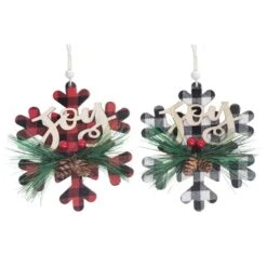 Ornements Assortis En Forme De Flocon IH Casa Decor En Bois Tartan Noir Et Rouge, Ensemble De 12