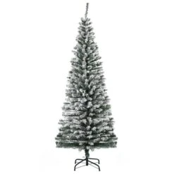 Arbre De Noël Pin Artificiel HomCom Enneigé Vert étroit De 6 Pi Sur Pied