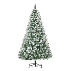 Arbre De Noël Pin Artificiel HomCom Enneigé Vert Charnu De 6 Pi Sur Pied