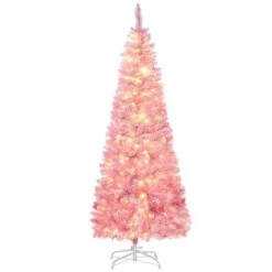 Arbre De Noël Artificiel Mince De 6 Pi Avec Lumière DEL Par HOMCOM, Rose