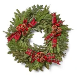 Couronne Mixte Décorative Fraîche De 28 Po Par Brookdale Treeland Nurseries Avec Rubans Tartans
